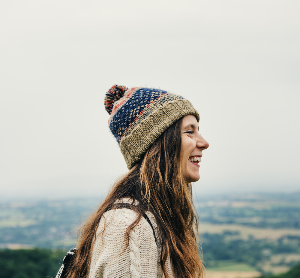 Woman,Smiling,Mountain,Carefree,Cloudscape,Concept